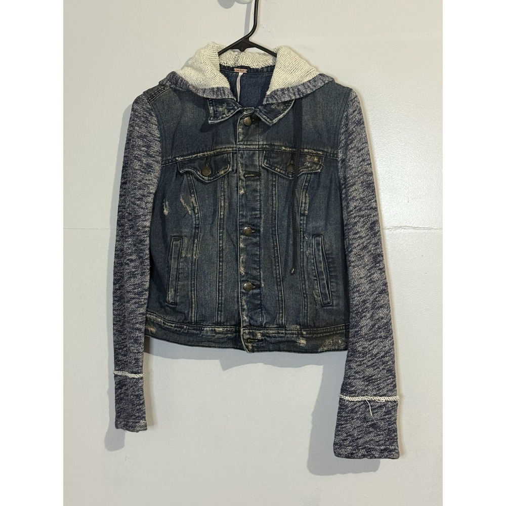 Free People Throwback Hooded Denim & Knit Jacket Size Small  Jean Anthracite